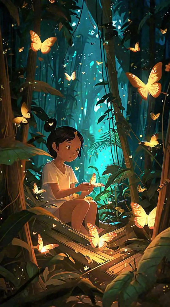 森林意境儿童少女灯光蝴蝶手绘插画，丛林树木(816x1472)