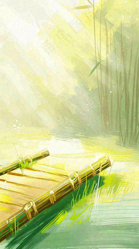 夏日森林丛林阳光绿色河面草丛树木手绘插画，夏至小暑大暑(816x1456)