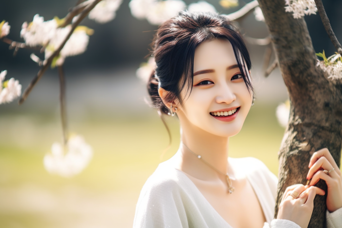 春天开满花的树下赏花的女生摄影图(4032x2688)
