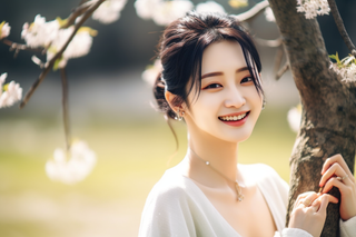 春天开满花的树下赏花的女生摄影图