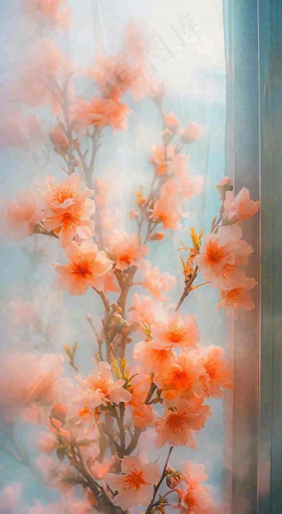 春天窗台橙色渐变鲜花，朦胧枝叶，春节立春(816x1488)