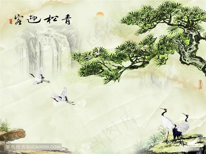 迎客松仙鹤风景字画高清分辨率喷绘打印办公室挂画素材山水花草