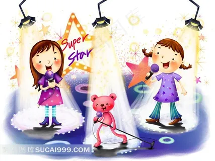 唱歌的男孩女孩小猫插画