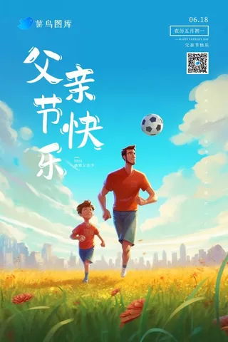 父亲节父子草地足球运动海报