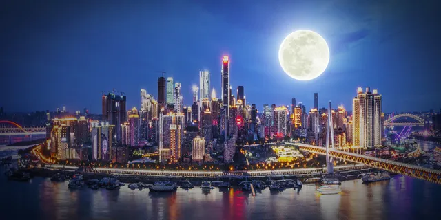 中秋佳节赏月繁华城市重庆旅游中秋节夜景创意背景