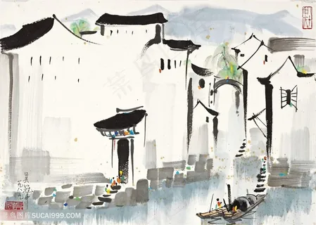 吴冠中手绘水墨水上房子风景画 吴冠中手绘水墨水上房子风景画