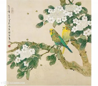 工笔鹦鹉花鸟图