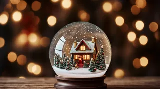 圣诞水晶球圣诞树小木屋摄影图