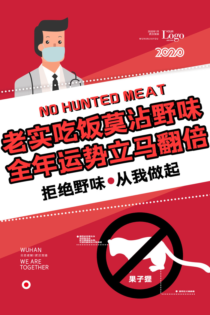 武汉防疫海报之不吃野味psd模版下载
