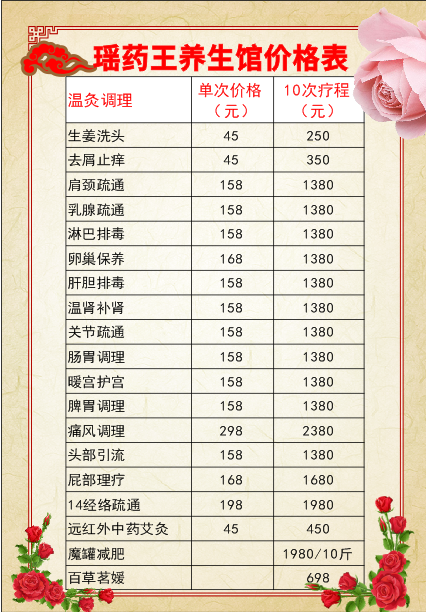 美容养生价格表cdr矢量模版下载
