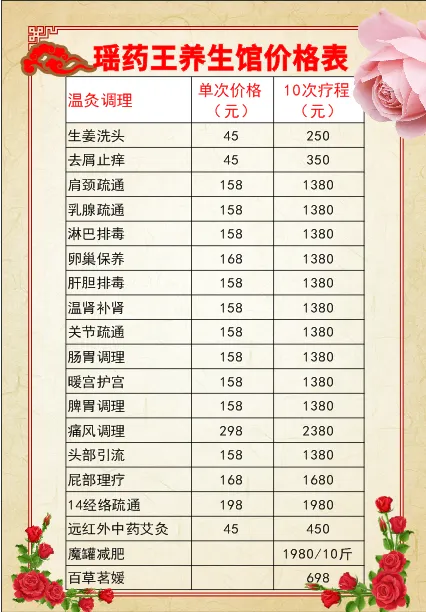 美容养生价格表cdr矢量模版下载
