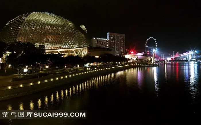 新加坡摩天观景轮河岸夜景高清素材