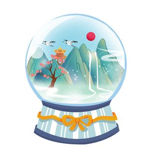 时尚微景观山水装饰庭院祥云中式国潮风插图插画元素素材设计模板