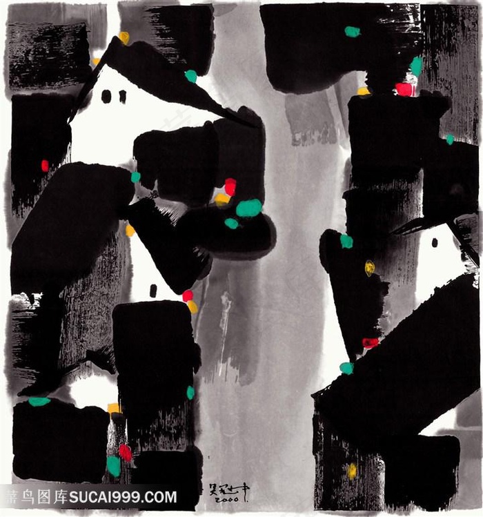 吴冠中手绘水墨房子乡村装饰画