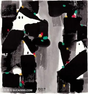 吴冠中手绘水墨房子乡村装饰画