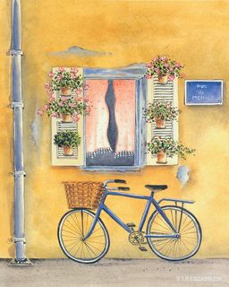 自行车唯美花卉窗户油画