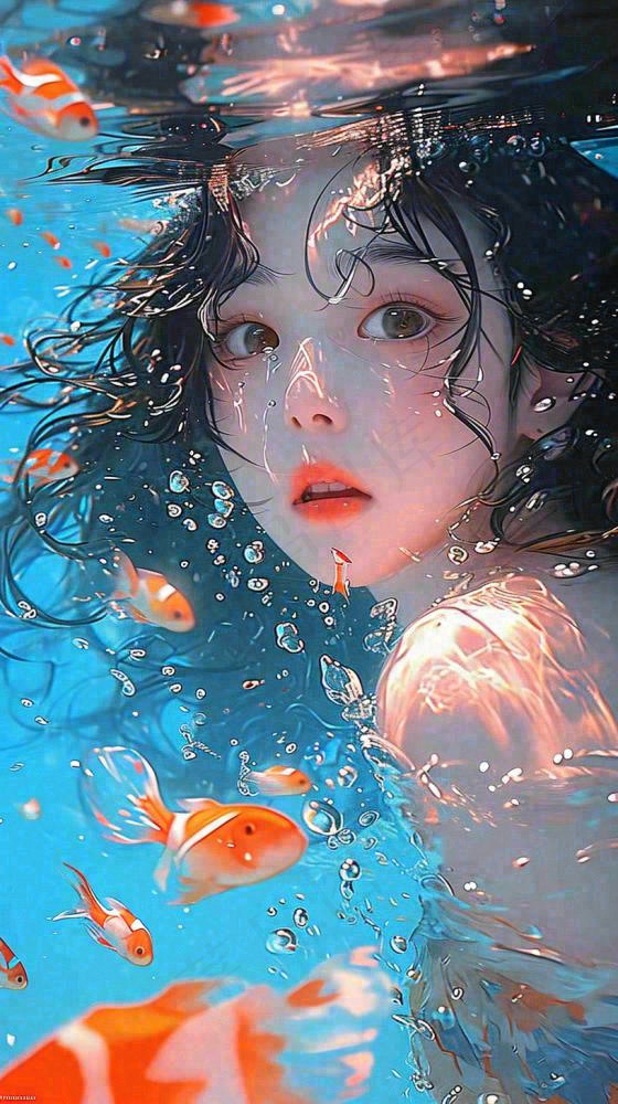 阳光水底光照游泳长发美人，鱼类金鱼，水气泡