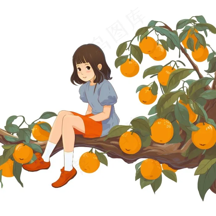 少女女孩坐着柿子树上橙色插画免抠(1024x1024)
