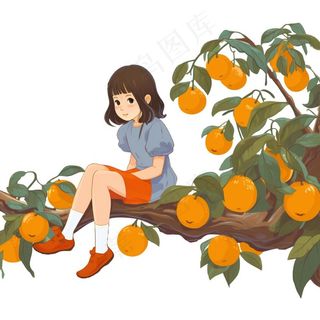 少女女孩坐着柿子树上橙色插画免抠