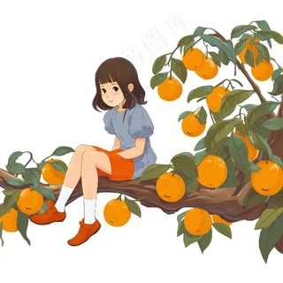 少女女孩坐着柿子树上橙色插画免抠
