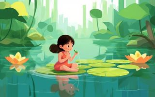 湖泊坐着睡莲上的人碧蓝插画背景