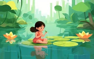 湖泊坐着睡莲上的人碧蓝插画背景