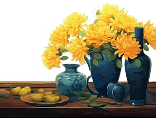 重阳黄色菊花花瓶饮茶插画免抠