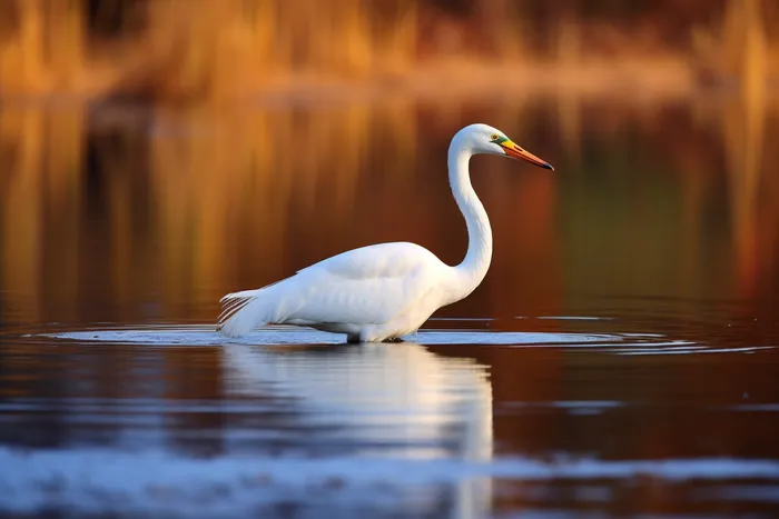 秋季白鹭在水面觅食摄影图(4032x2688)