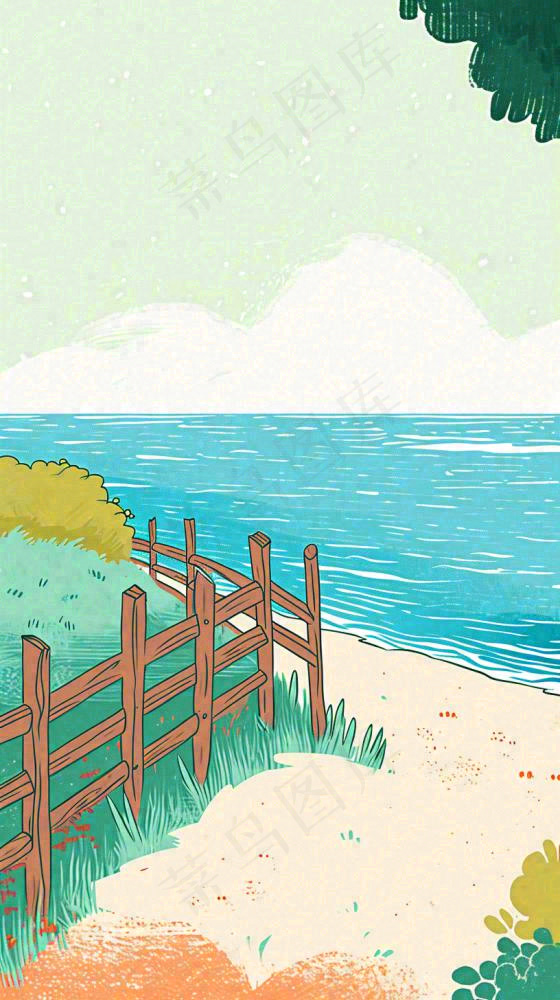 海边沙滩玩耍旅行夏日假期游玩手绘插画，可爱清新，夏至小暑大暑(816x1456)