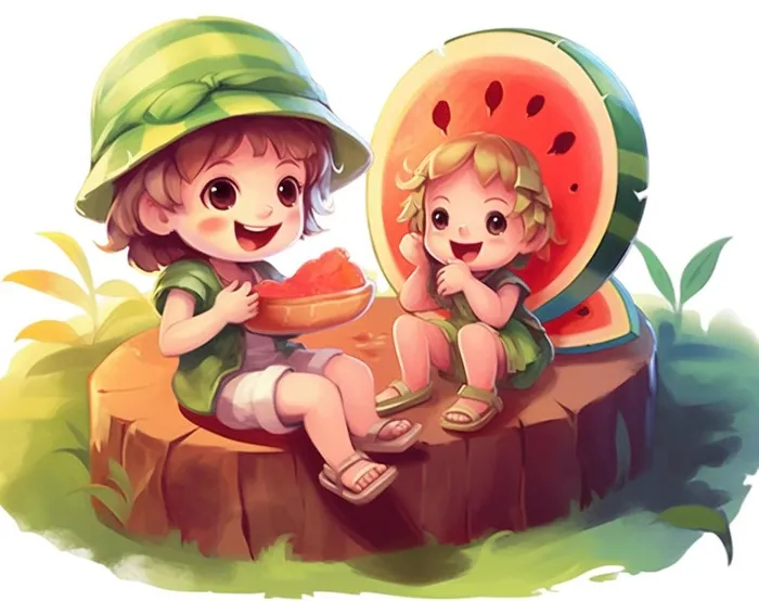 男孩和西瓜插画免抠