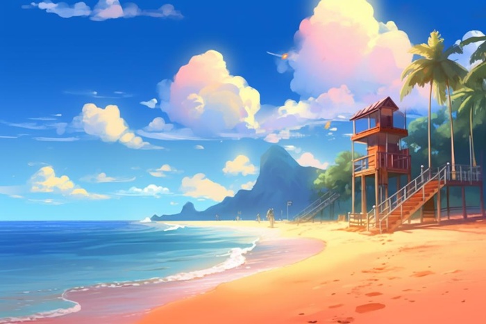 夏日阳光沙滩海浪蓝色插画背景(1344x896)