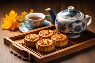 中秋木质托盘餐具上摆放着的月饼和茶壶杯子摄影图