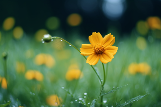 雨天小黄花草丛摄影图