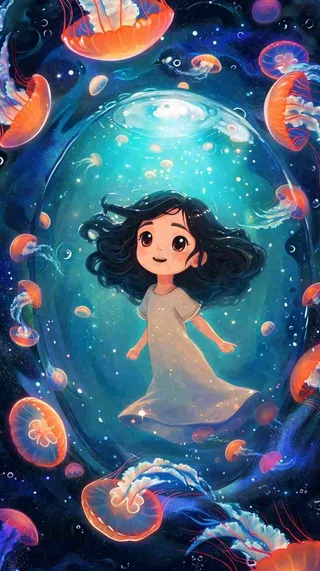 炫酷浪漫海洋海底水底可爱女孩手绘插画，鱼类水母生物