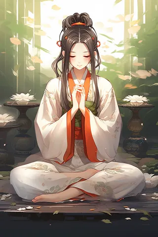 一位古风少女正在打坐插画动漫图