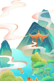 中国风国潮山水插画祥云中式手绘烫金线条元素png装饰背景PSD素材