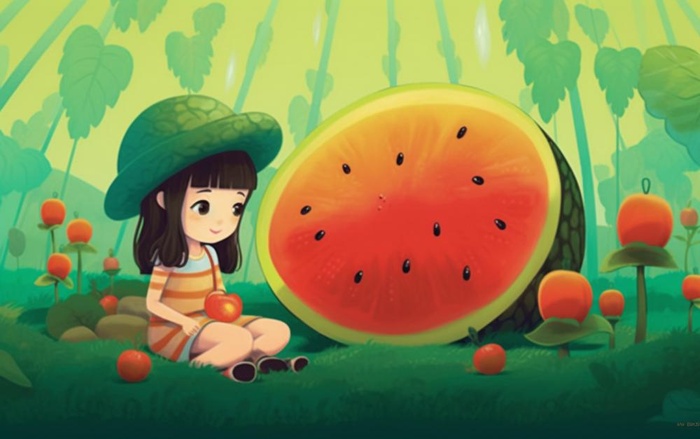 坐着西瓜草地的女孩插画背景