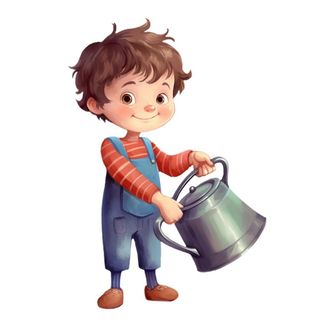 小男孩拿着水壶水桶浇水绿植草人物插画免抠
