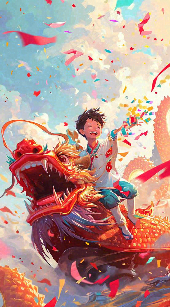 祥龙喜庆欢乐节日，蓝天白云儿童手绘插画(816x1472)