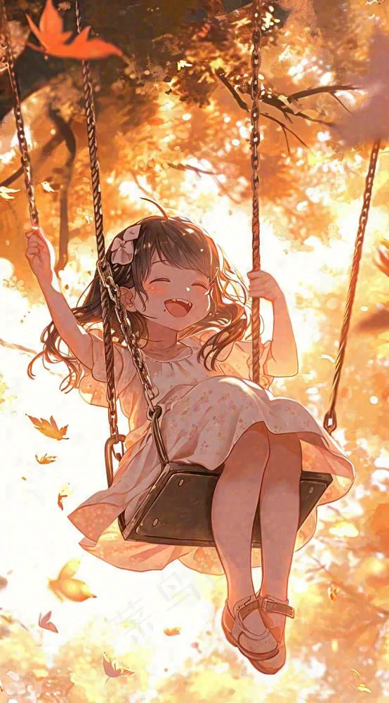 秋天秋叶少女儿童荡秋千玩耍，可爱手绘插画(816x1472)