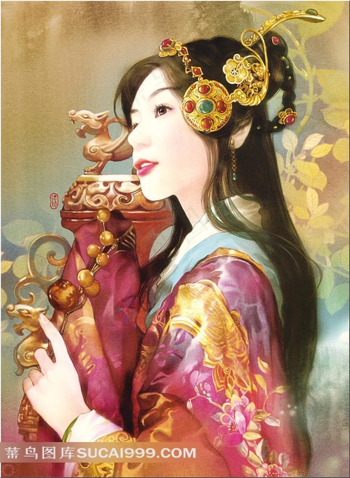 德珍手绘古典手执发簪的美人