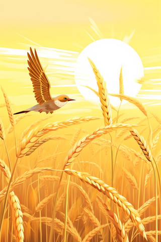 秋天夕阳金色麦田里小鸟飞过卡通插画