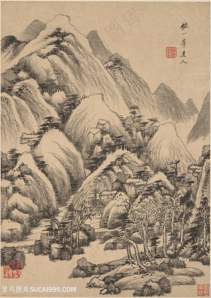 明代画家王鉴仿一峰道人仿古山水图国画图片