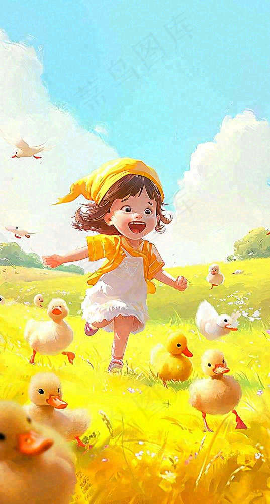 儿童节可爱鸭子奔跑，蓝天白云草地童真玩耍，清新插画(800x1488)