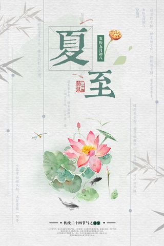 夏至水墨手绘荷花莲蓬蜻蜓二十四节气