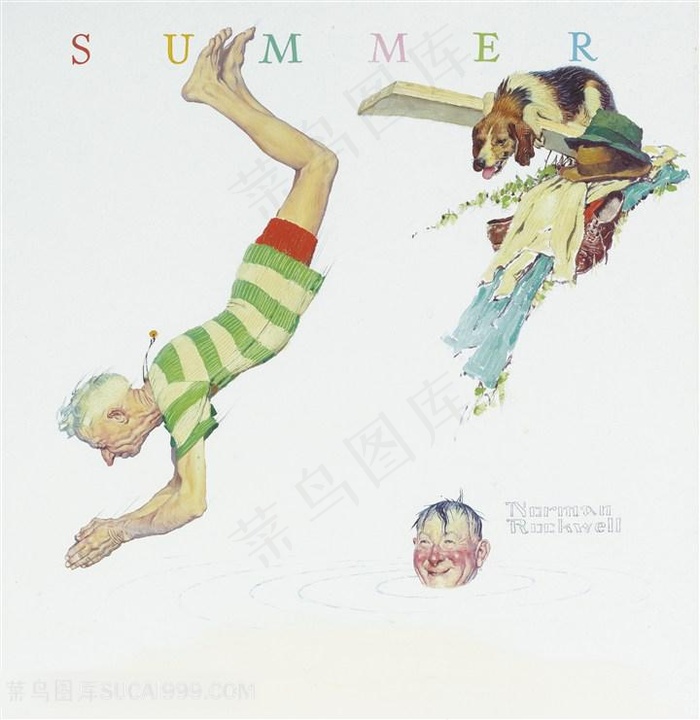 诺曼 · 洛克威尔手绘老人与狗装饰画