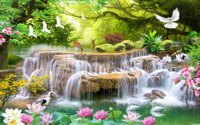 清新流水生财小湖天鹅荷花风景psd模版下载