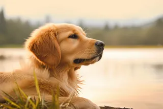 金毛宠物狗在湖边玩耍特写摄影图
