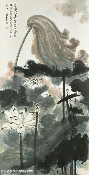 张大千手绘水墨莲花装饰画