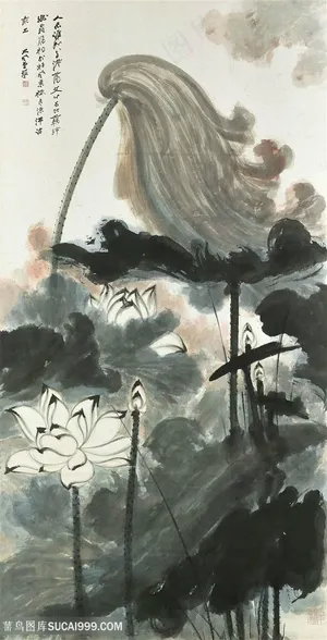 张大千手绘水墨莲花装饰画 张大千手绘水墨莲花装饰画